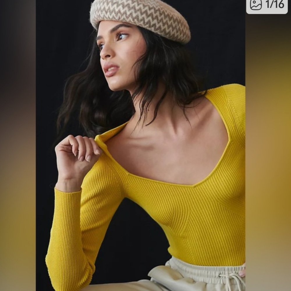 Anthropologie Ribbed Square Neck Long Sleeve Top - Mustard Yellow